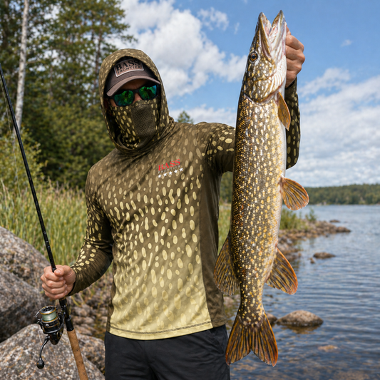 Pike Camo Hoodie β UPF 50+ camo fishing hoodie by BassFrontier