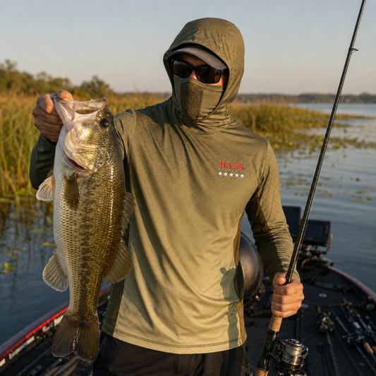 Bass Camo Hoodie β UPF 50+ camo fishing hoodie by BassFrontier