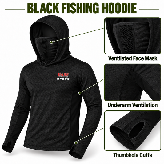BassFrontier Black Fishing Hoodie — Ventilated face mask, underarm ventilation and thumbhole cuff details