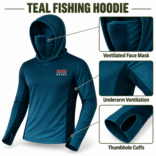 BassFrontier Teal Fishing Hoodie — Ventilated face mask, underarm ventilation and thumbhole cuff details