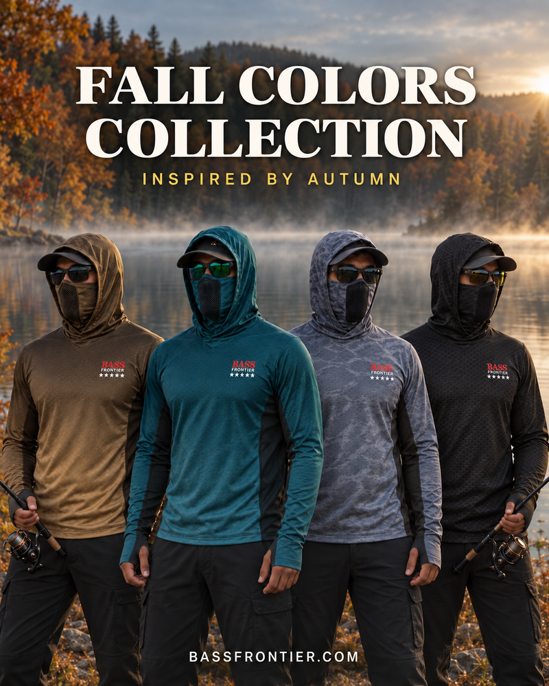 Fall Colors Collection — Ember Brown, Deep Forest, River Mist and Nightfall fishing hoodies.