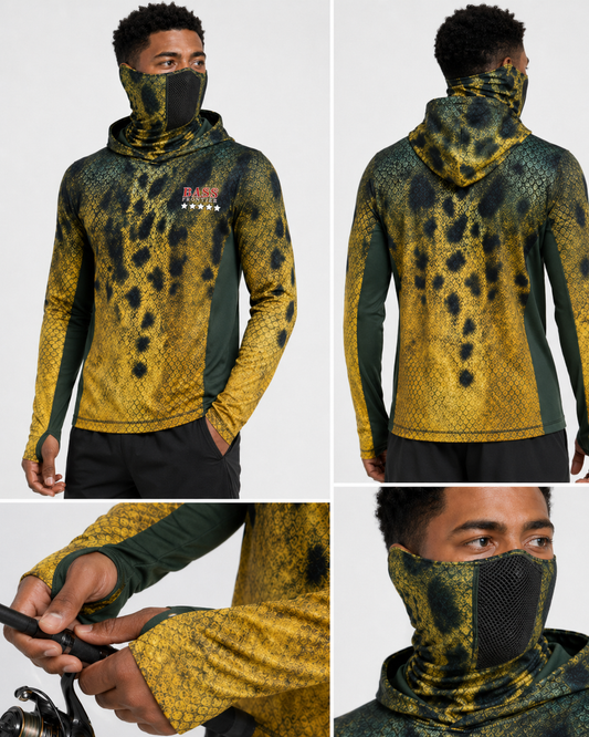 Phantom Walleye Camo Hoodie — camo fishing hoodie detail view 1
