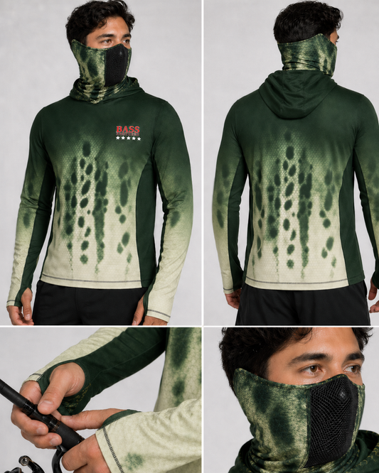 Phantom Smallmouth Camo Hoodie — camo fishing hoodie detail view 1