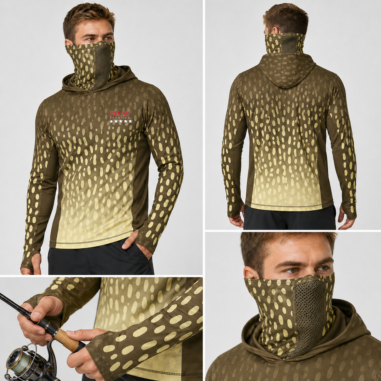 Phantom Pike Camo Hoodie — camo fishing hoodie detail view 1
