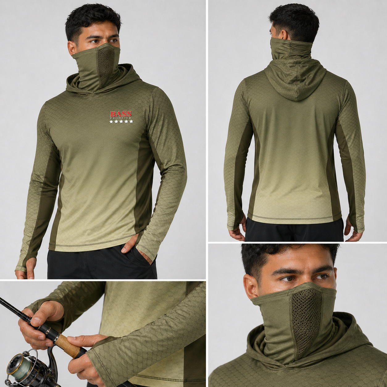Phantom Bass Camo Hoodie — camo fishing hoodie detail view 1