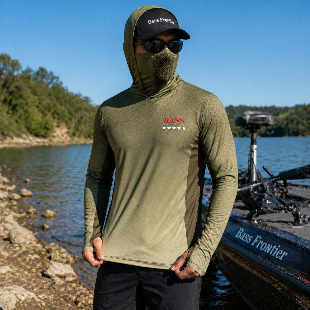 Phantom Bass Camo Hoodie — camo fishing hoodie detail view 2