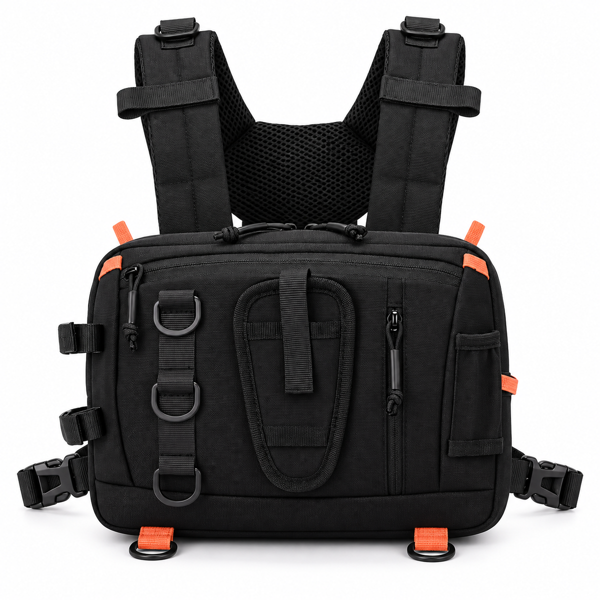 BassFrontier Chest Rig in Black with orange accents, front view with harness