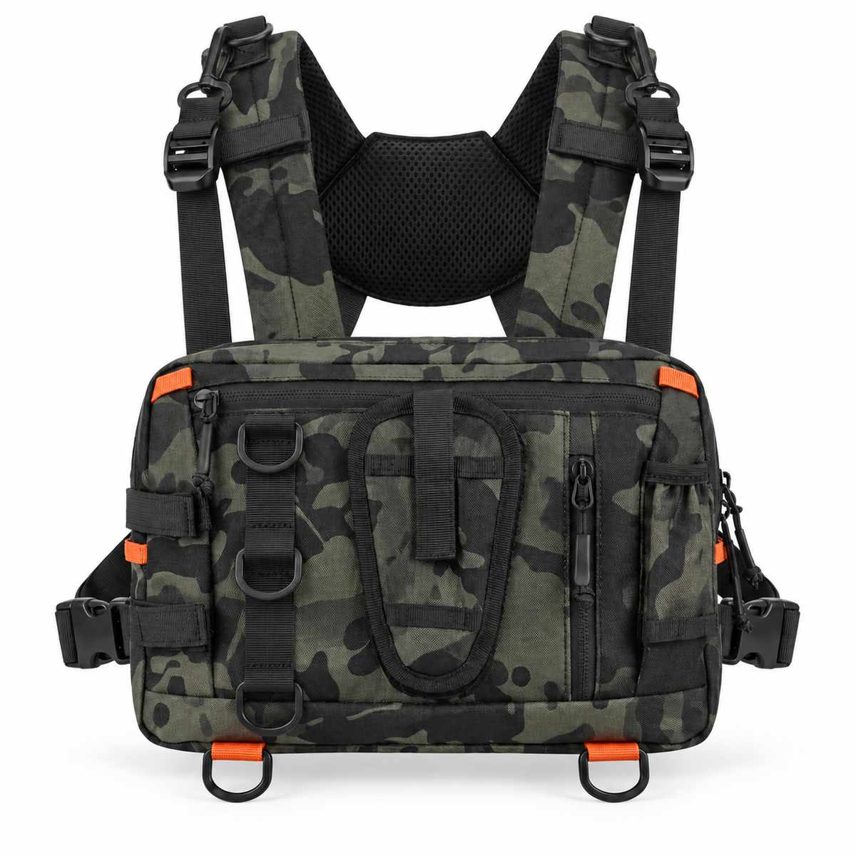BassFrontier Chest Rig in Military Camo with orange accents, front view with harness
