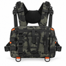BassFrontier Chest Rig in Military Camo with orange accents, front view with harness