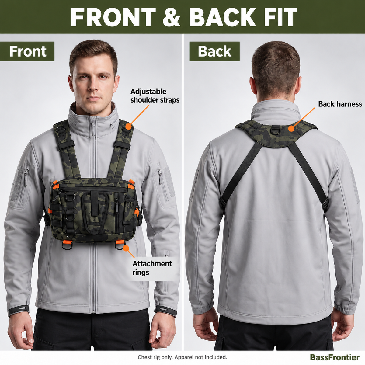 BassFrontier Chest Rig front and rear harness views with labeled pockets and attachment rings