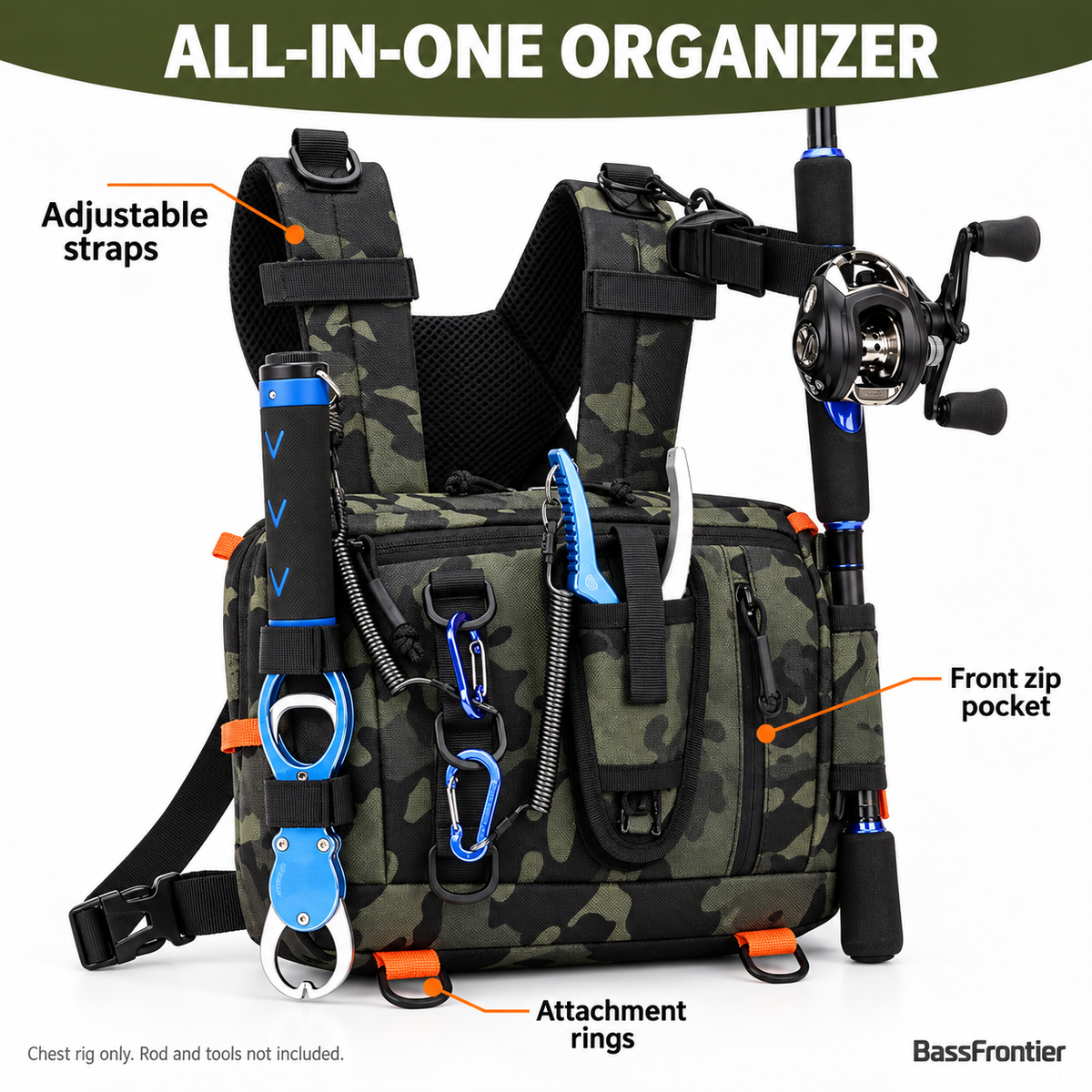BassFrontier Chest Rig exterior pockets, straps and attachment rings; accessories not included