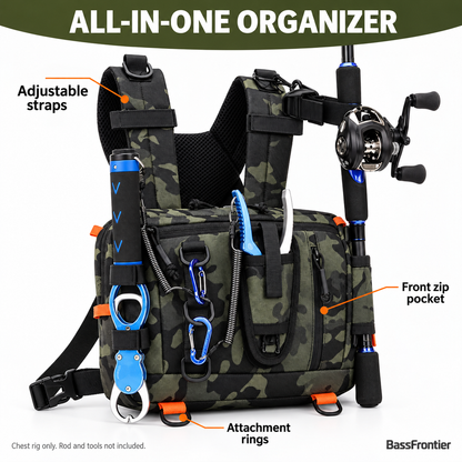BassFrontier Chest Rig exterior pockets, straps and attachment rings; accessories not included