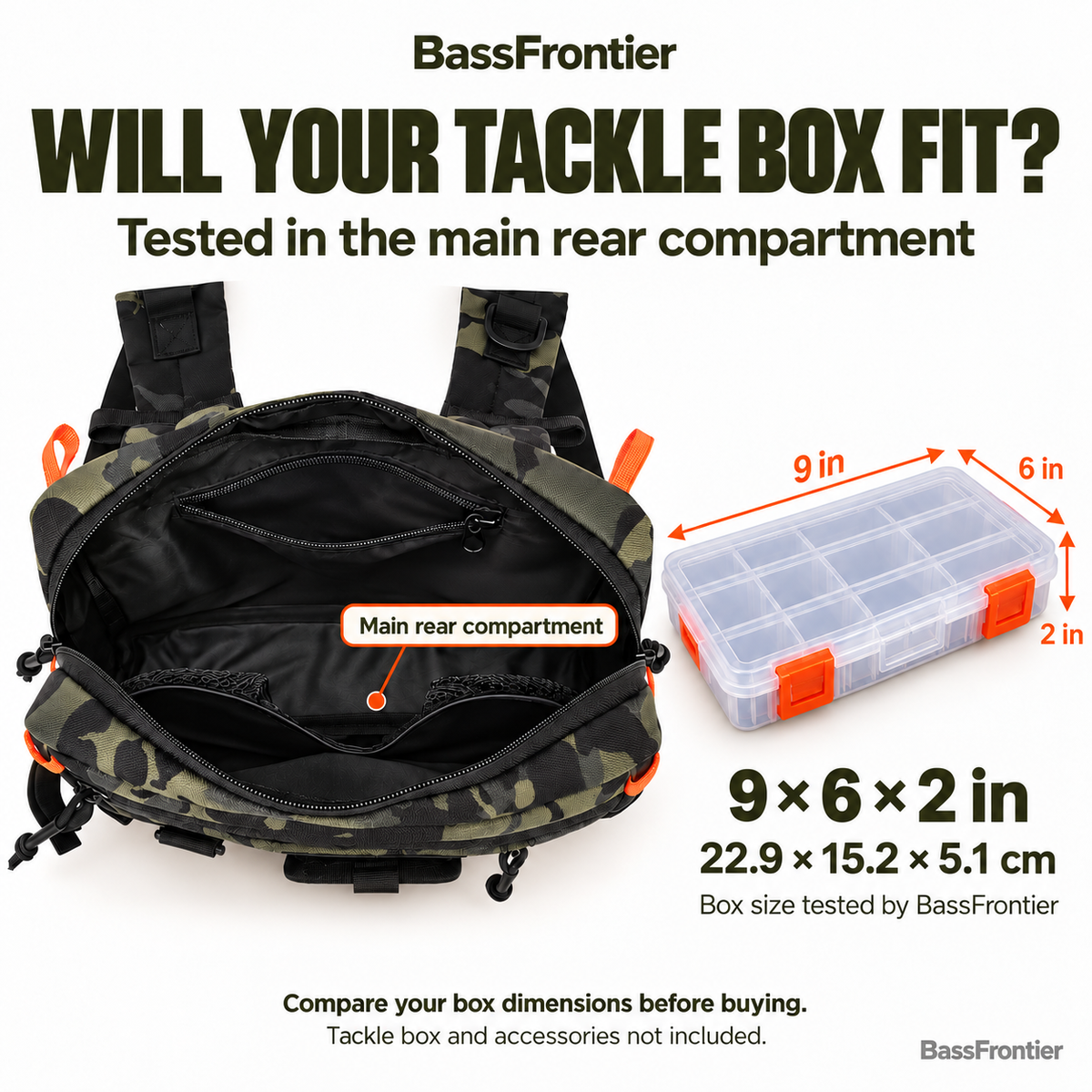 A 9 x 6 x 2 inch tackle box tested in the BassFrontier Chest Rig main rear compartment; tackle box and accessories not included