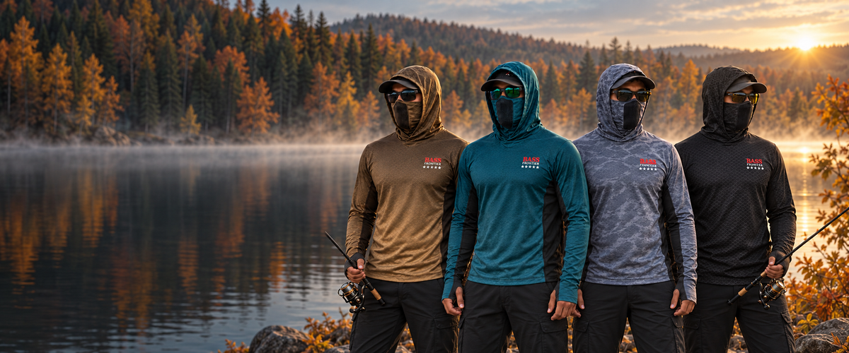 Four anglers wearing Bass Frontier Fall Colors fishing hoodies by an autumn lake.