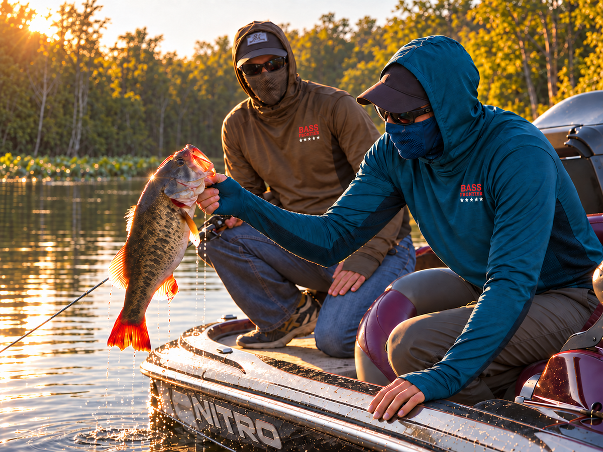 Two anglers wearing brown and petroleum blue BassFrontier fishing hoodies with ventilated face masks, holding a bass on a boat in autumn light