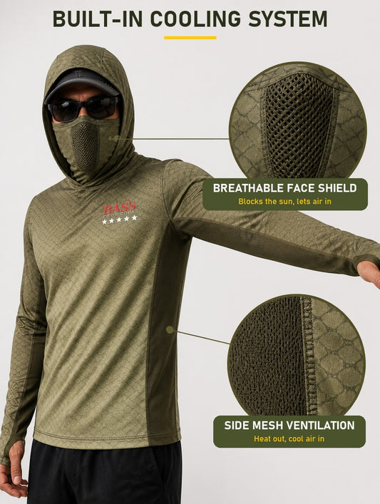 Bass Camo Hoodie built-in cooling system: breathable face shield and side mesh ventilation