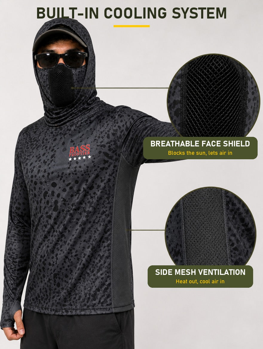 Catfish Camo Hoodie built-in cooling system: breathable face shield and side mesh ventilation