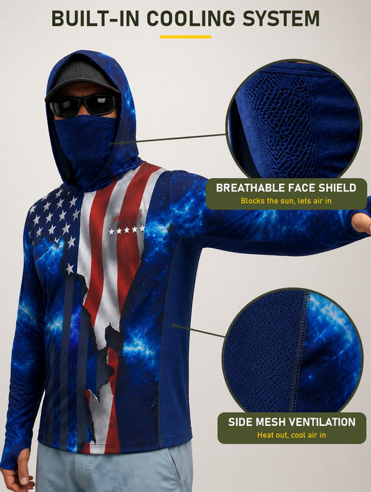 Patriot Fishing Hoodie built-in cooling system: breathable face shield and side mesh ventilation