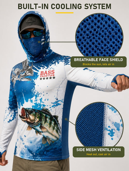 Phantom Bass Fishing Hoodie built-in cooling system: breathable face shield and side mesh ventilation