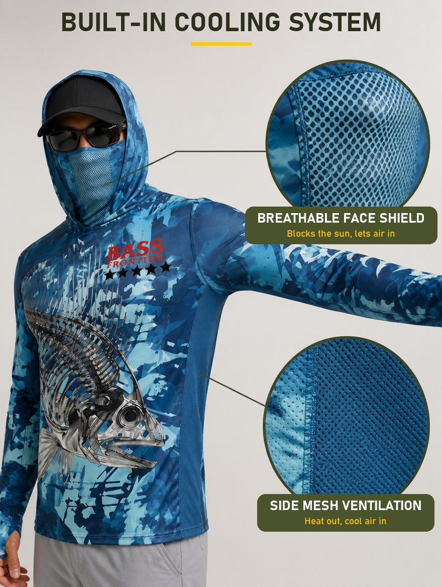 Phantom Bluegill Fishing Hoodie built-in cooling system: breathable face shield and side mesh ventilation