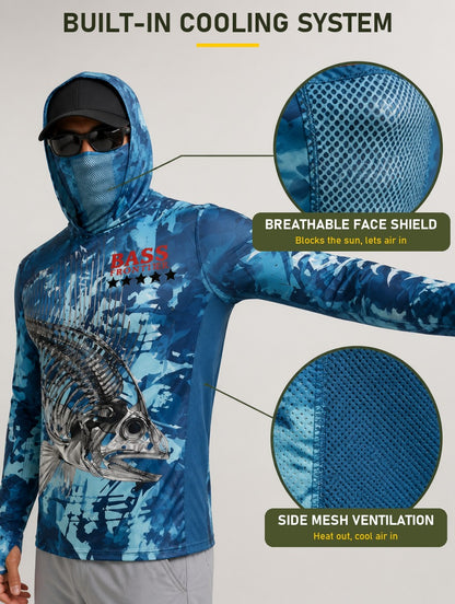 Phantom Bluegill Fishing Hoodie built-in cooling system: breathable face shield and side mesh ventilation
