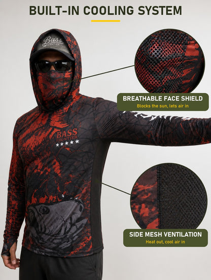 Phantom Carp Fishing Hoodie built-in cooling system: breathable face shield and side mesh ventilation