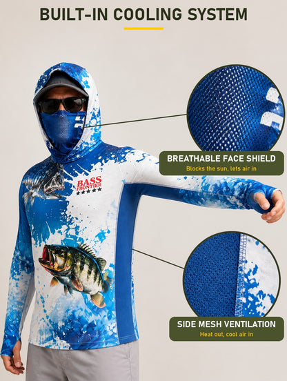 Phantom Largemouth Fishing Hoodie built-in cooling system: breathable face shield and side mesh ventilation