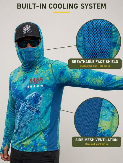 Phantom Rainbow Trout Fishing Hoodie built-in cooling system: breathable face shield and side mesh ventilation