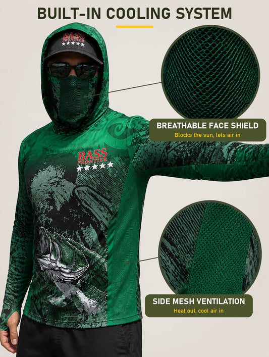 Phantom Smallmouth Fishing Hoodie built-in cooling system: breathable face shield and side mesh ventilation