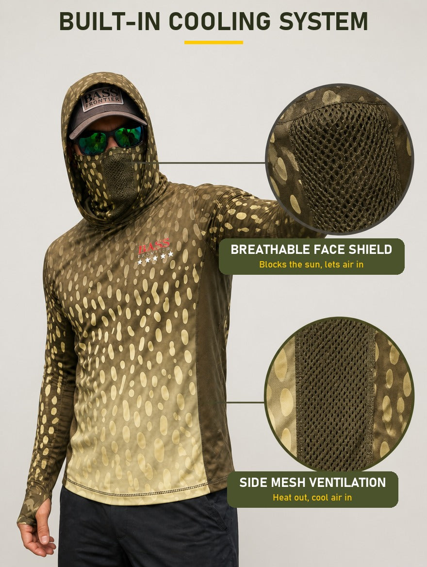 Pike Camo Hoodie built-in cooling system: breathable face shield and side mesh ventilation