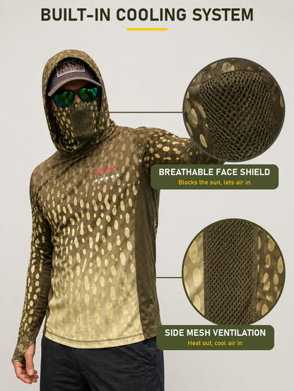 Pike Camo Hoodie built-in cooling system: breathable face shield and side mesh ventilation