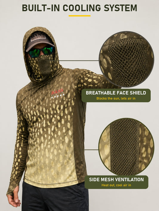Pike Camo Hoodie built-in cooling system: breathable face shield and side mesh ventilation