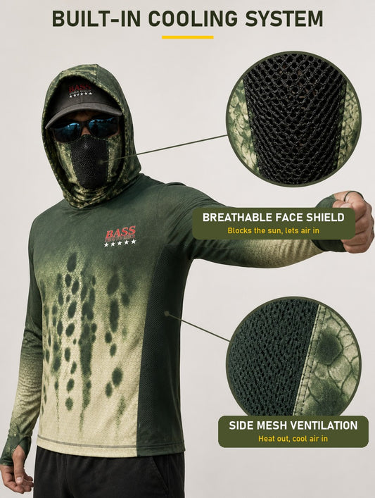 Smallmouth Camo Hoodie built-in cooling system: breathable face shield and side mesh ventilation