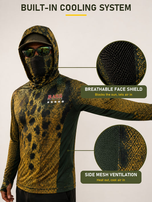 Walleye Camo Hoodie built-in cooling system: breathable face shield and side mesh ventilation
