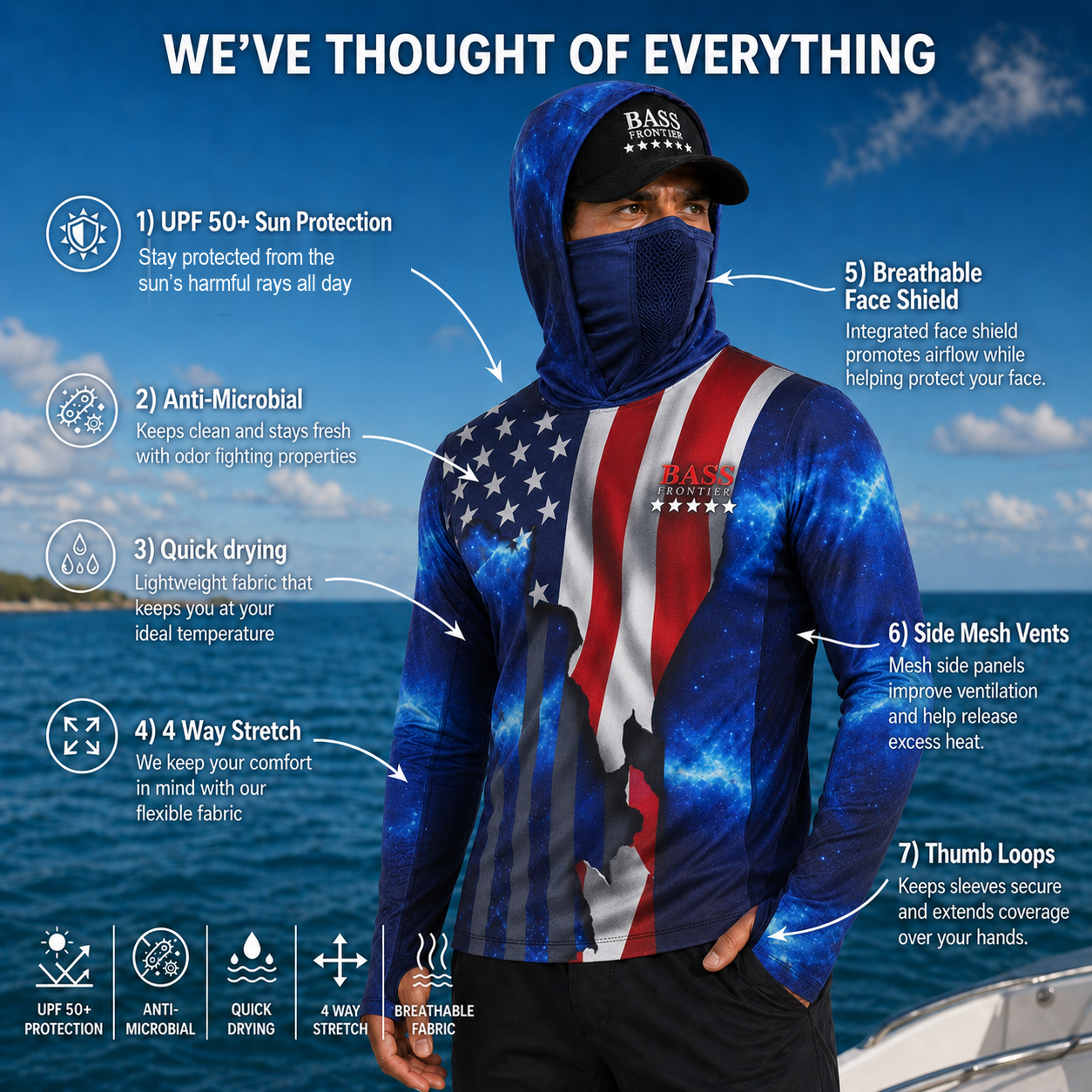 USA Fishing Hoodie features: UPF 50+ sun protection, anti-microbial, quick drying, 4-way stretch, breathable face shield, side mesh vents, thumb loops