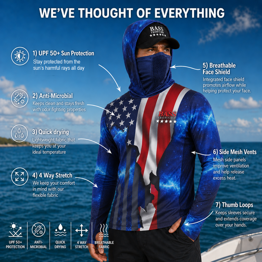 USA Fishing Hoodie features: UPF 50+ sun protection, anti-microbial, quick drying, 4-way stretch, breathable face shield, side mesh vents, thumb loops
