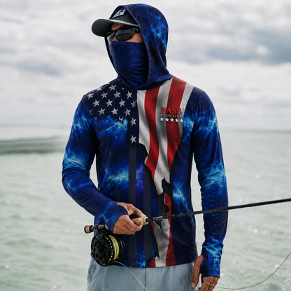 USA American Flag Fishing Hoodie on the water with hood and face cover up