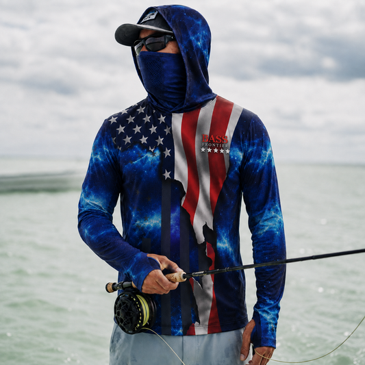 USA American Flag Fishing Hoodie on the water with hood and face cover up