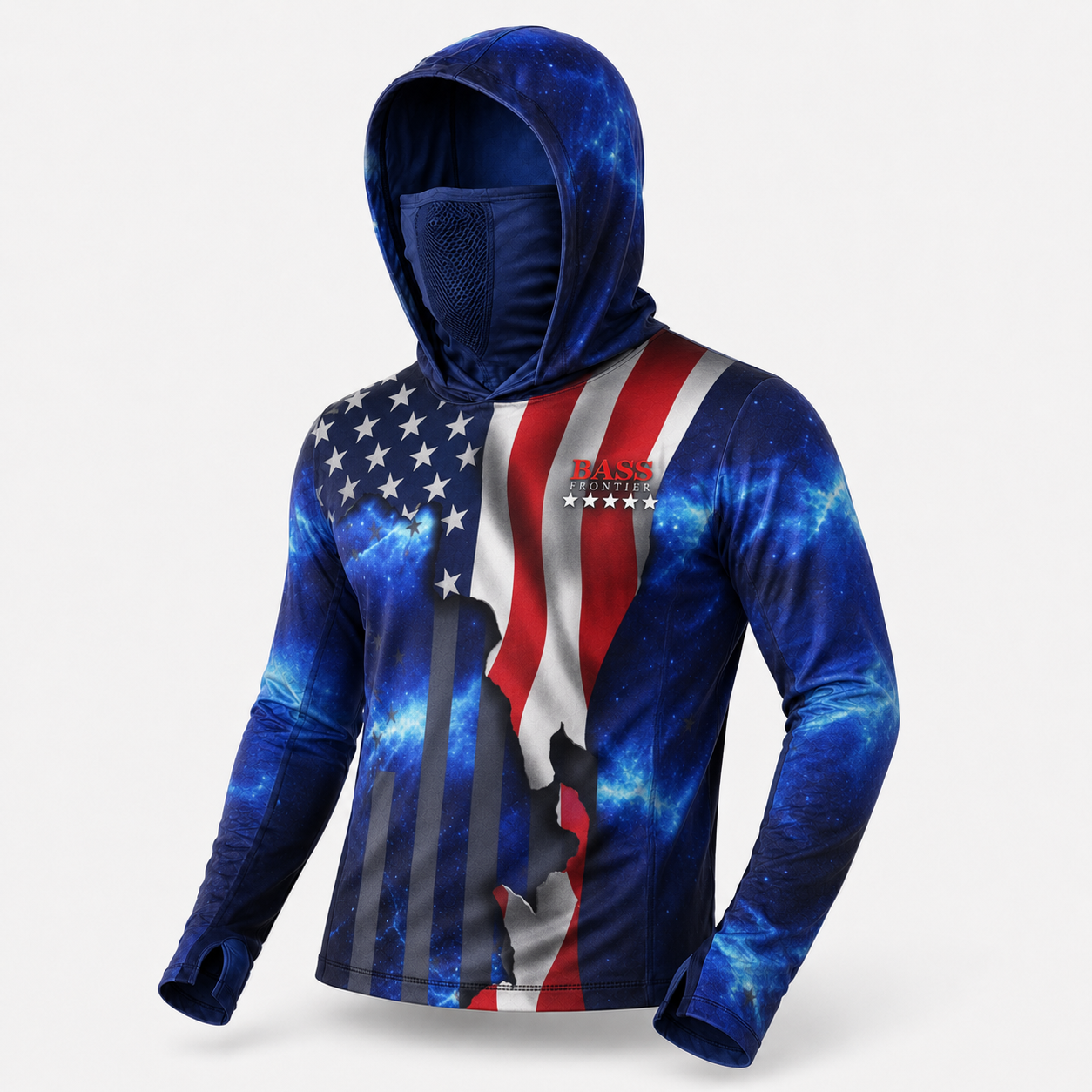 USA American Flag Fishing Hoodie with hood and face shield, front view