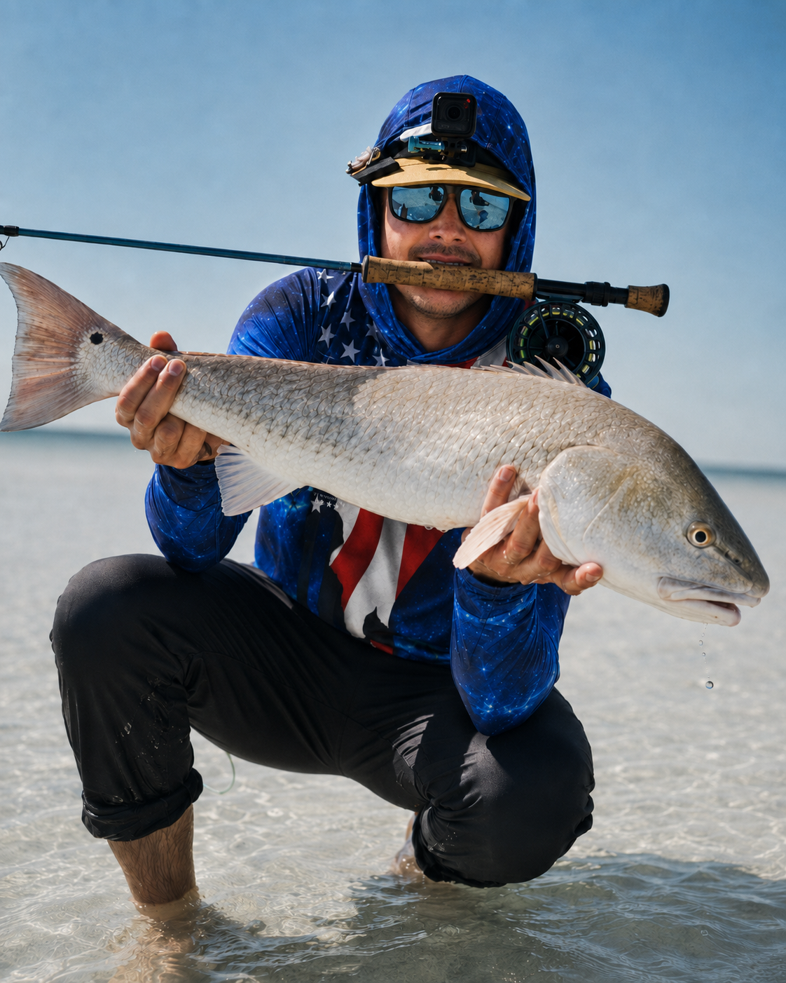 Angler in the USA American Flag Fishing Hoodie holding a redfish on the flats