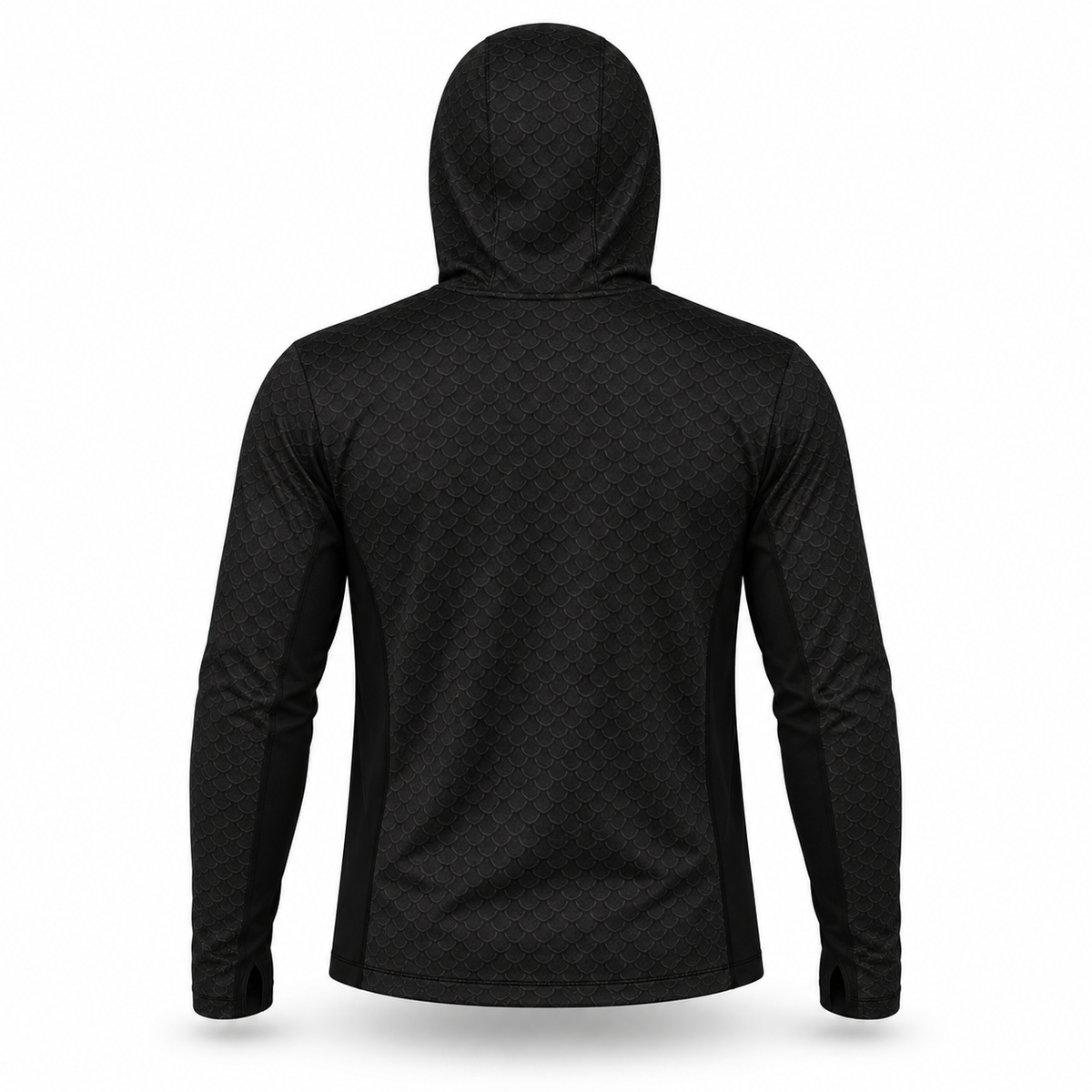 BassFrontier Black Fishing Hoodie: Rear view showing the hood, scale pattern and dark side panels