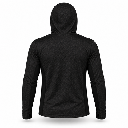 BassFrontier Black Fishing Hoodie: Rear view showing the hood, scale pattern and dark side panels