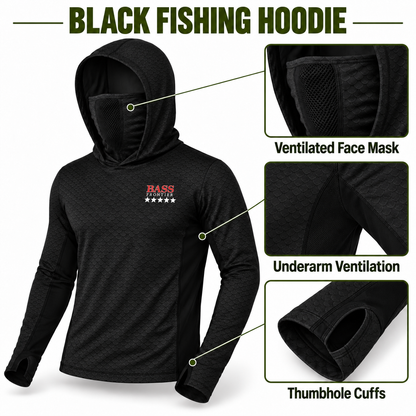 BassFrontier Black Fishing Hoodie: Ventilated face mask, underarm ventilation and thumbhole cuff details