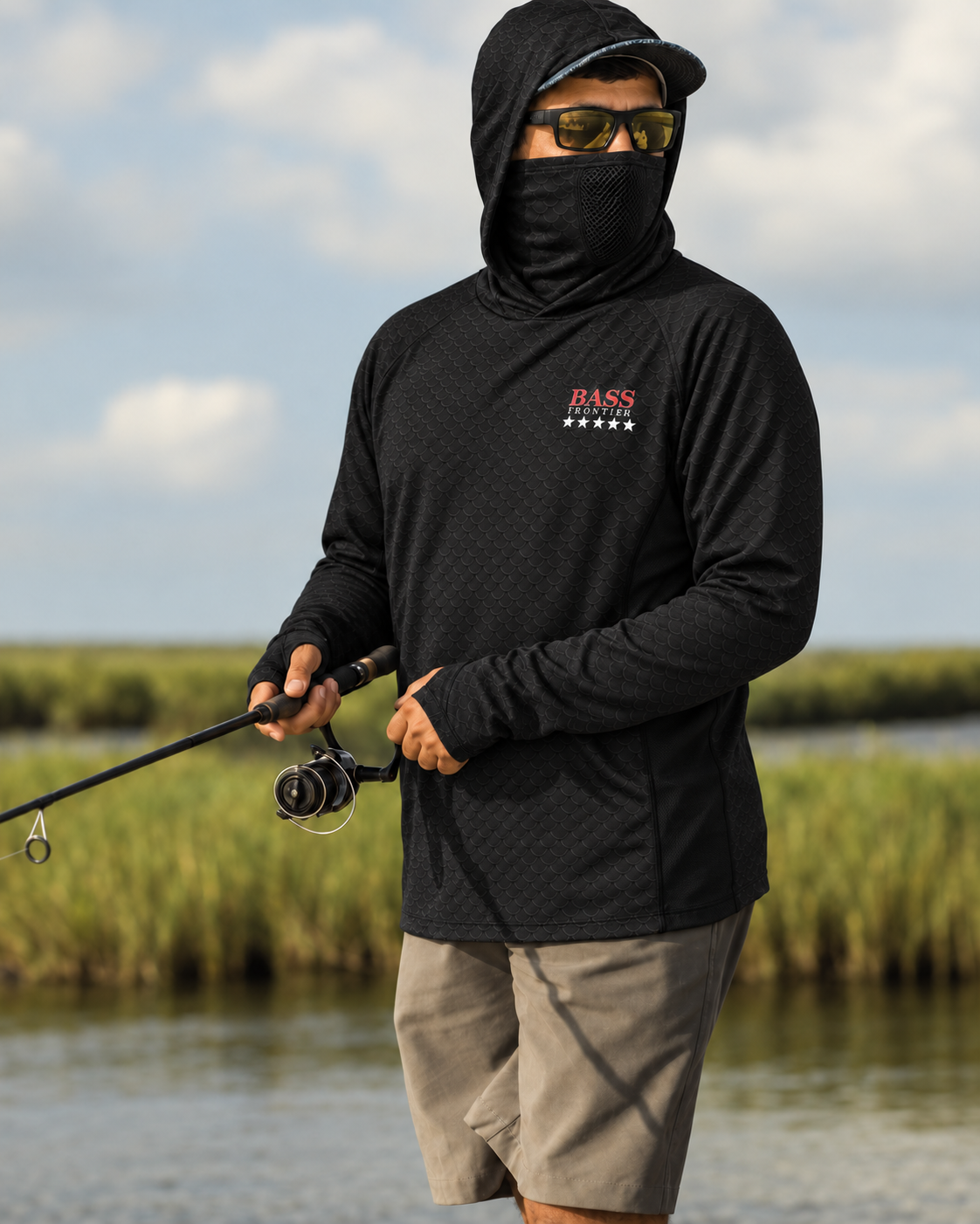 BassFrontier Black Fishing Hoodie: Second view of an angler wearing the fishing hoodie