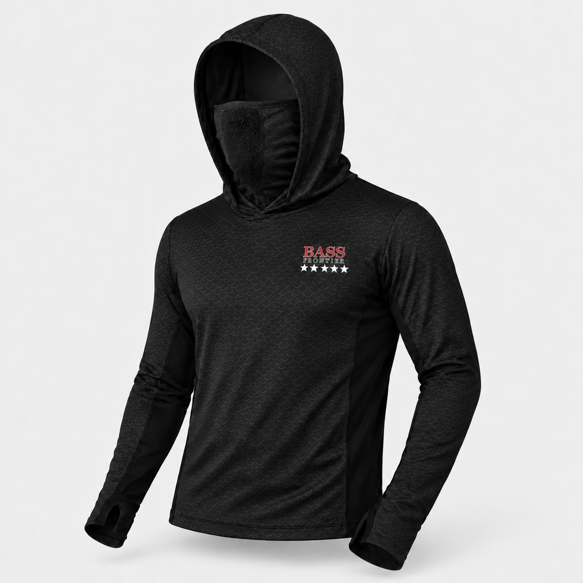 BassFrontier Black Fishing Hoodie with ventilated face covering and thumbhole cuffs
