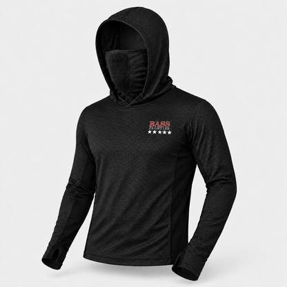 BassFrontier Black Fishing Hoodie with ventilated face covering and thumbhole cuffs