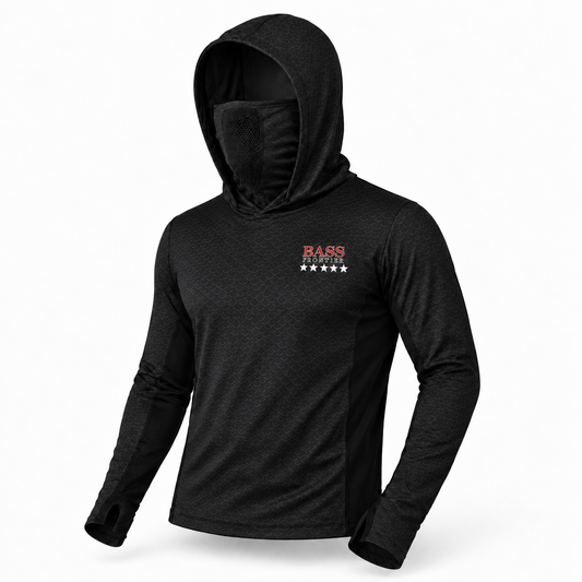 BassFrontier Nightfall Fishing Hoodie with ventilated face covering and thumbhole cuffs
