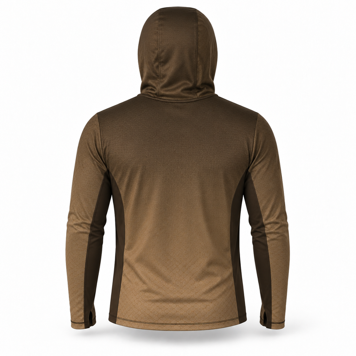 BassFrontier Brown Fishing Hoodie: Rear view showing the hood, scale pattern and dark side panels