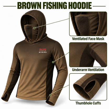 BassFrontier Brown Fishing Hoodie: Ventilated face mask, underarm ventilation and thumbhole cuff details