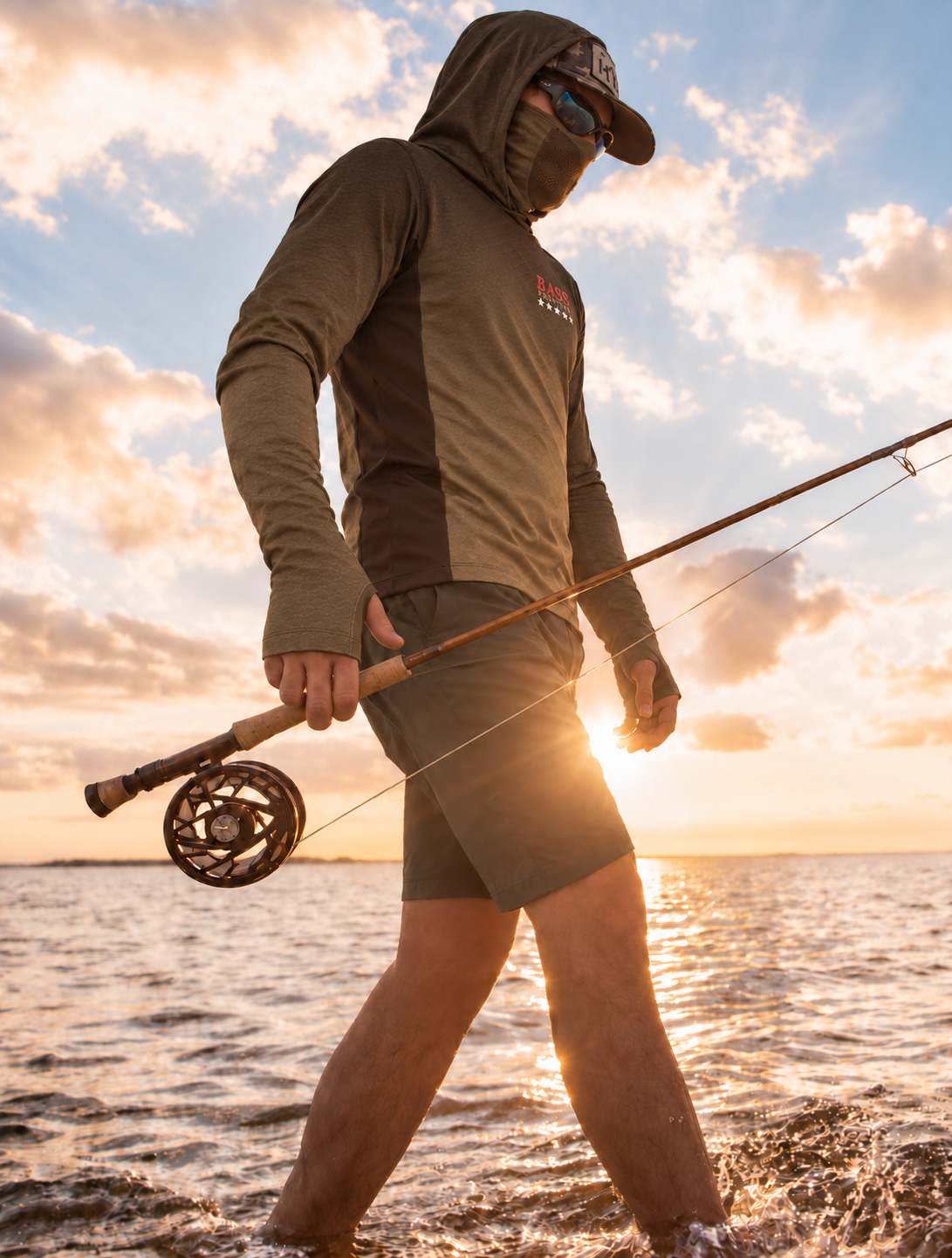 BassFrontier Brown Fishing Hoodie: Second view of an angler wearing the fishing hoodie